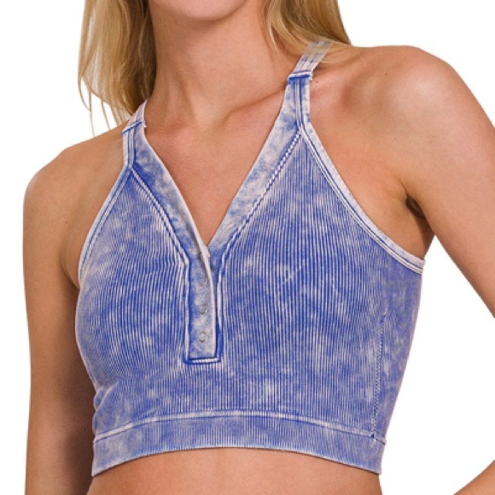 NWT ZENANA Light Indigo Acid Washed Crop Button Tank Brami S/M L/XL